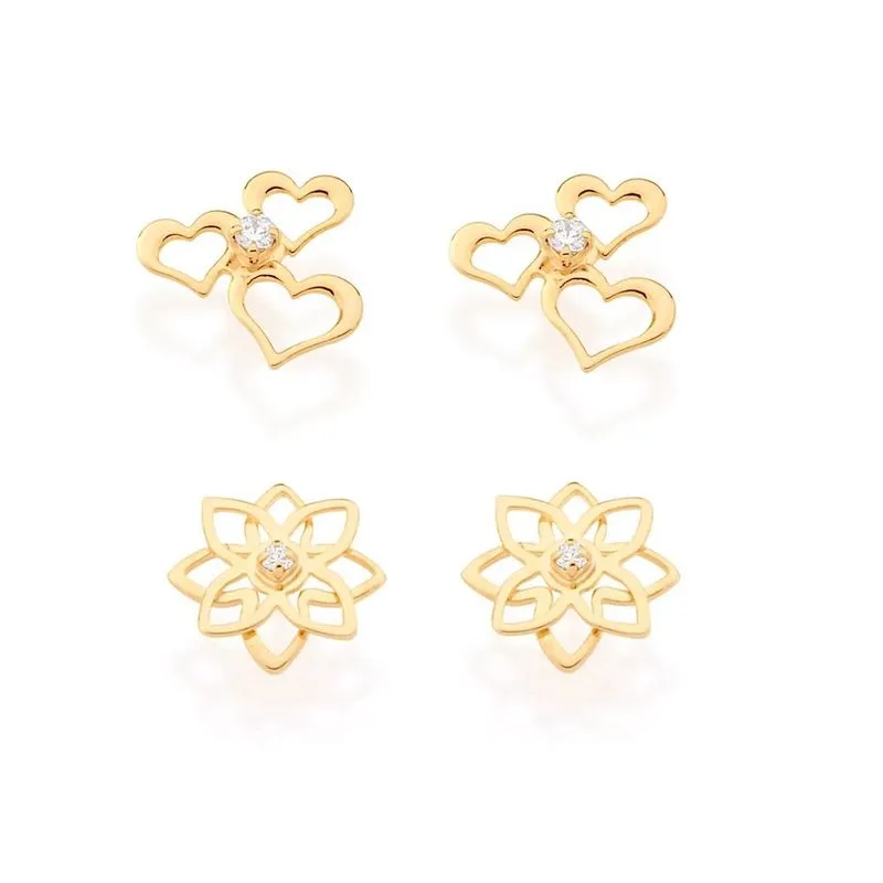 Kit Rommanel Banhado Ouro 2 Brincos Corações E Flor 525460-525569