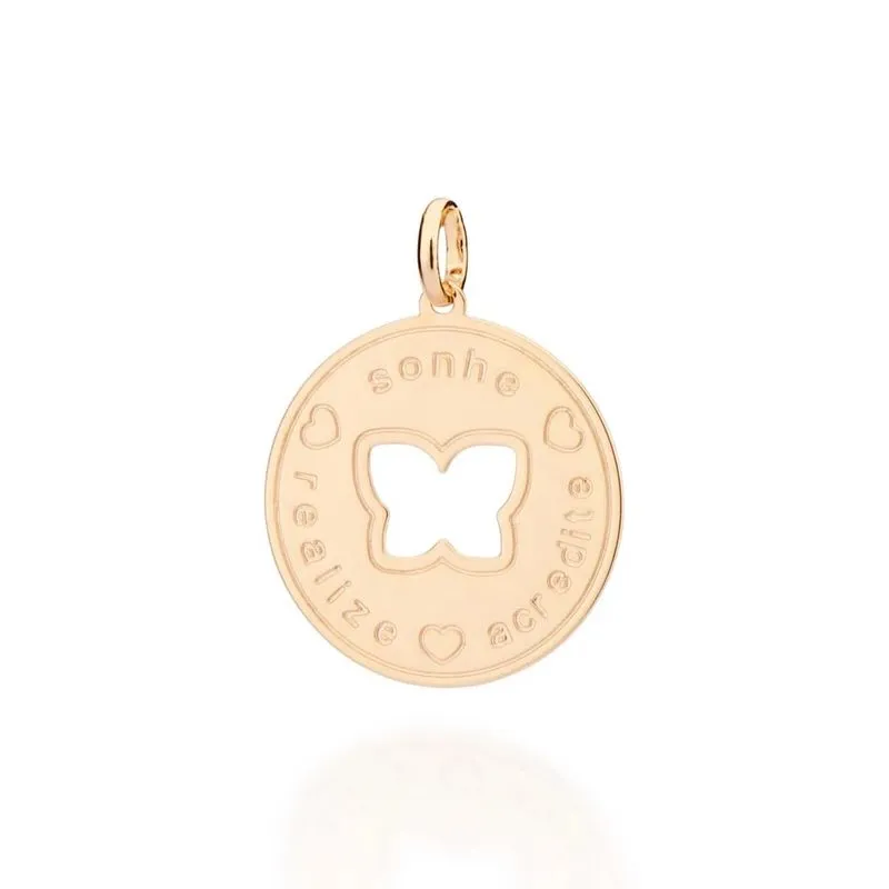 Pingente Rommanel Banhado Ouro 18k Medalha Borboleta Vazada E Frase 542718