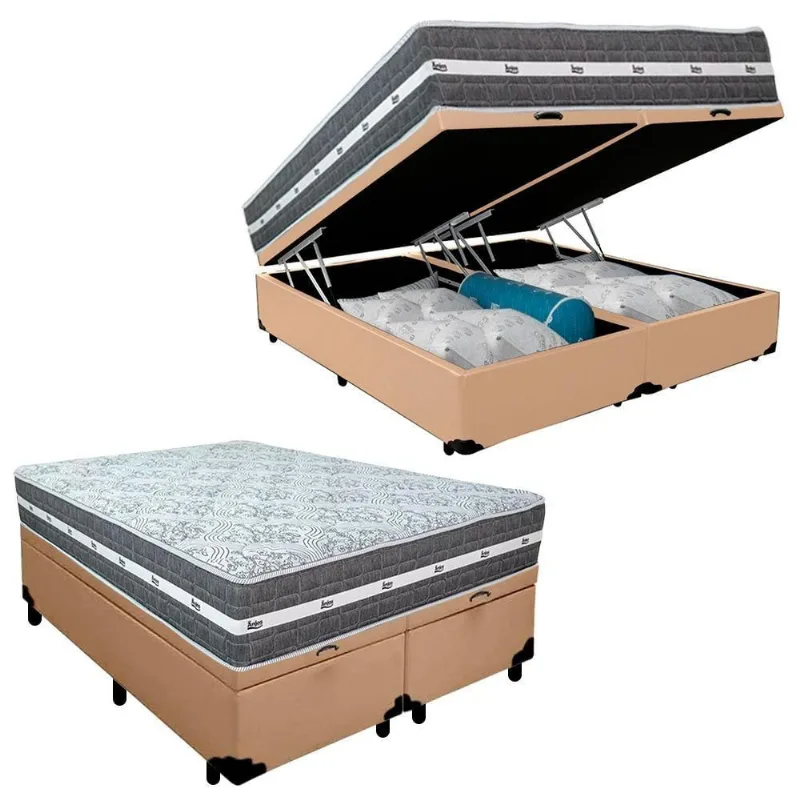 Cama Box Baú Casal Bipartido Sintético + Colchão Anjos Black Graphite Molas Ensacadas 138cm Suporta Até 120kg Por Pessoa