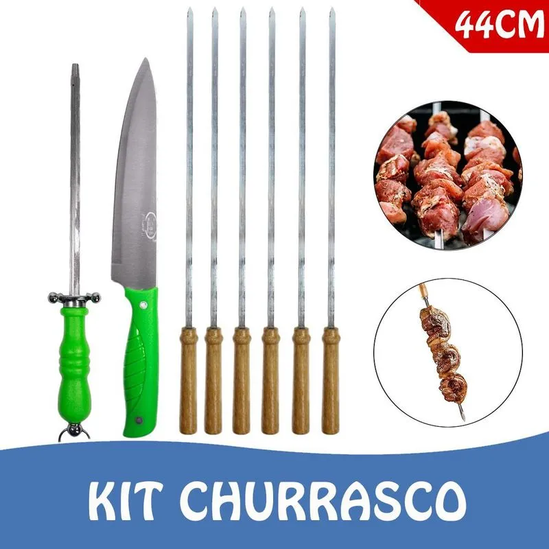 Jogo De Churrasco Top 6 Espetos Inox + Faca/chaira