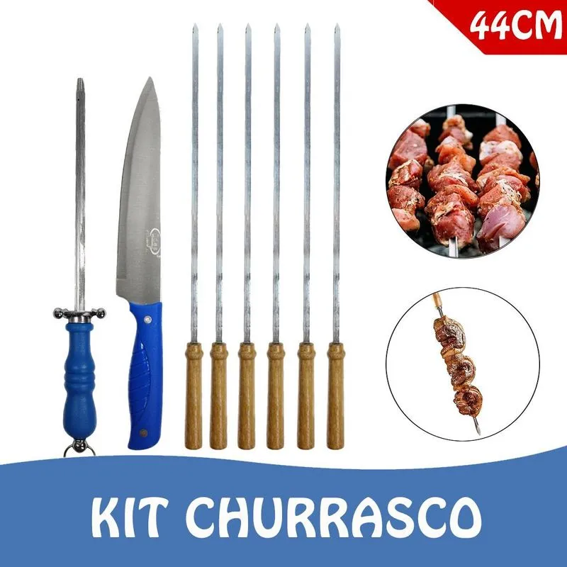 Jogo De Churrasco Top 6 Espetos Inox + Faca/chaira