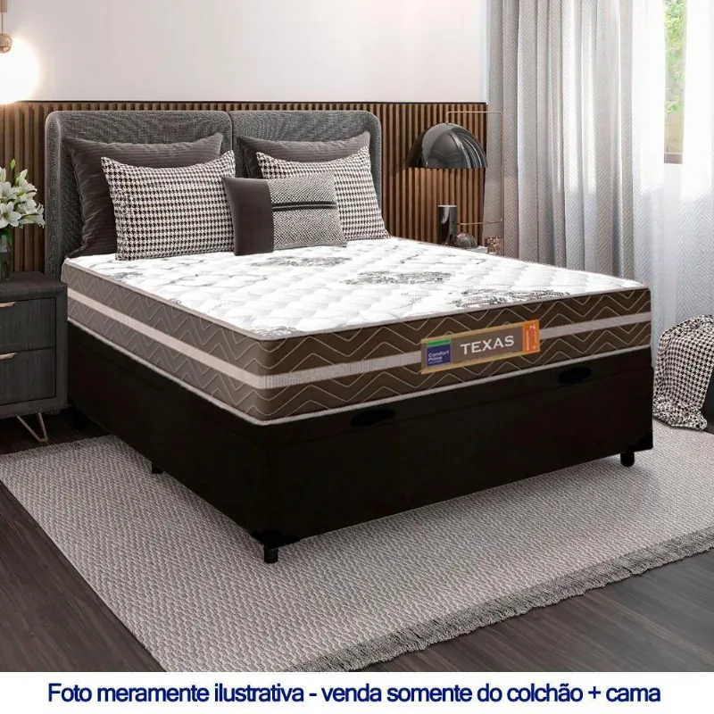 Cama Box Baú Casal Suede + Colchão Molas Ensacadas Texas Prime Colchões 138cm - Suporta Até 120 Kg Por Pessoa Cor:preto