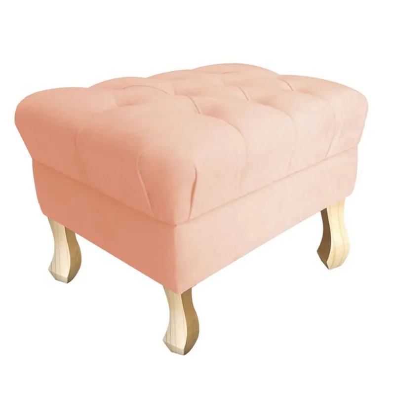 Puff Retrô Luiz xv 0,50 Capitonê Pés Natural Sued Rosa Bebê Atual Estofados