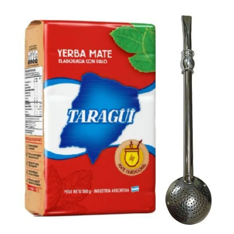 Kit Bomba Chimarrão Inox 23cm + Erva Chimarrão Taragui 500g