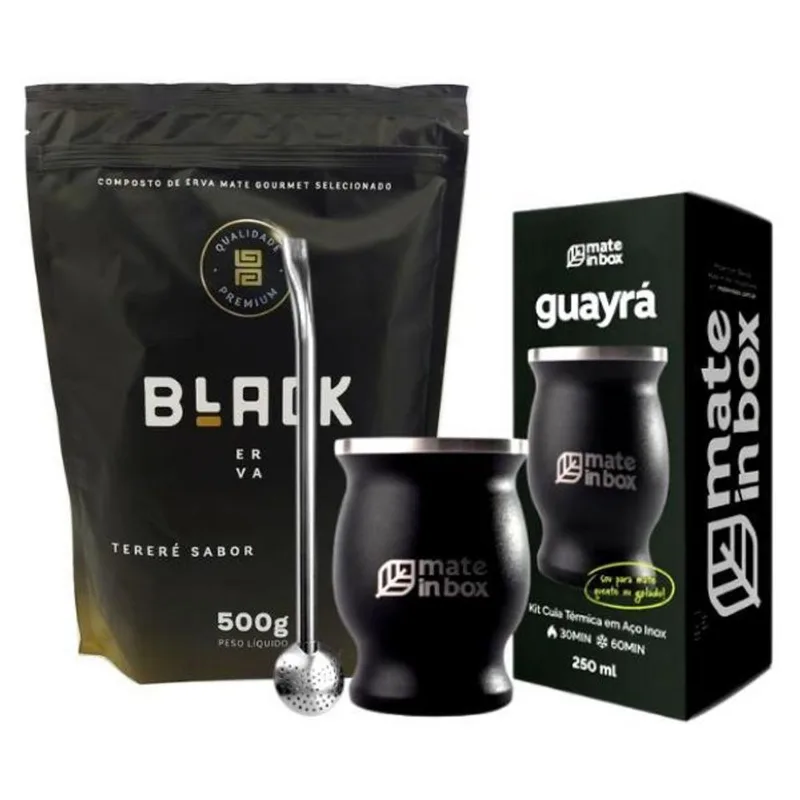 Kit Cuia Bomba Inox Mate In Box + Erva Tereré Black 500g