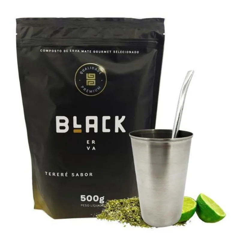 Kit 1 Copo Inox 200ml 1 Bomba Lisa Tereré 1 Erva Black 500g