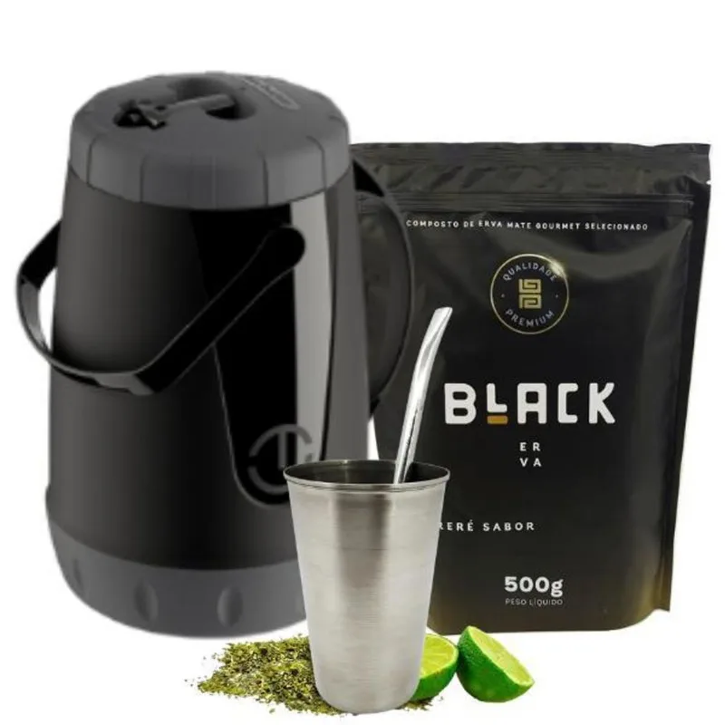 Kit Tereré Garrafa + Copo Inox + Bomba Lisa + Erva Black