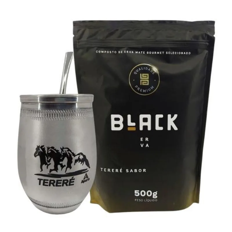 Kit Copo Cuia Redonda + Bomba Para Tereré + Erva Black 500g