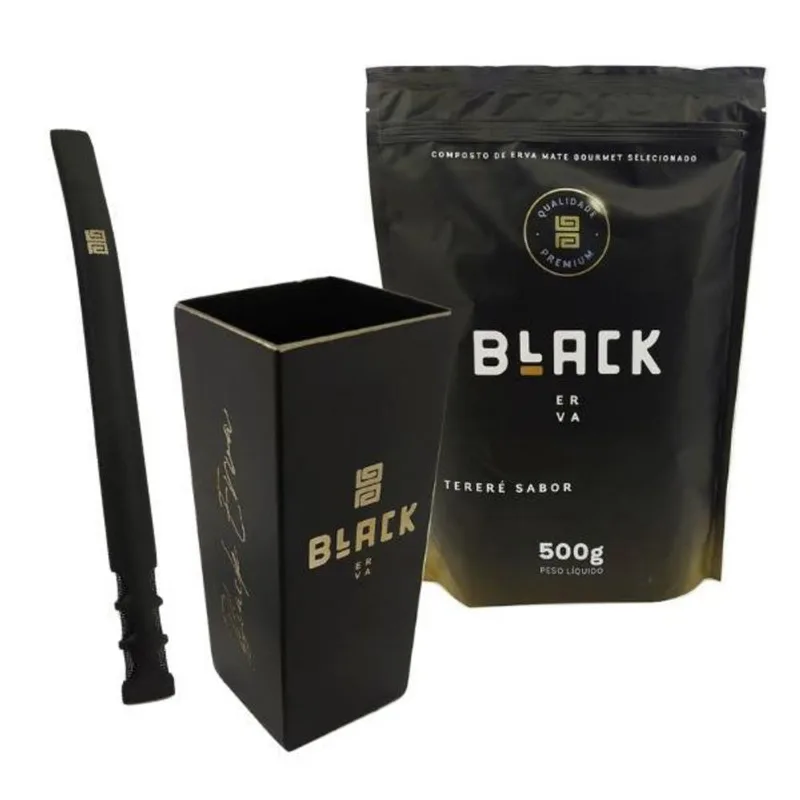 Kit Terere Black Cuia Inox 300ml + Bomba Inox 1 Erva 500g