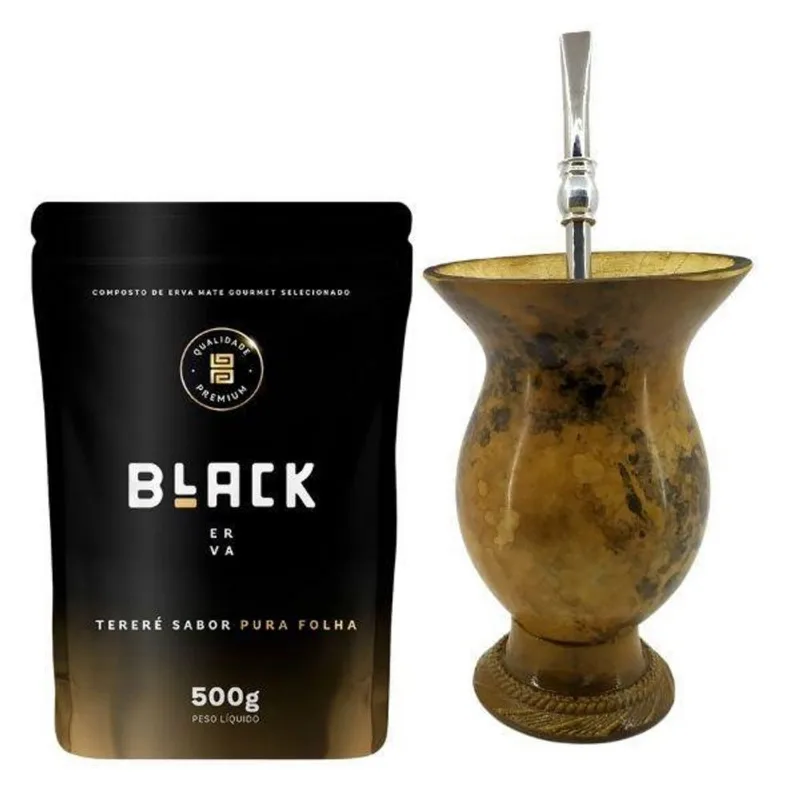 Kit Tereré Cuia De Porongo + Bomba Inox + Erva Black 500g