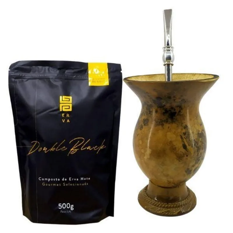 Kit Tereré Cuia De Porongo + Bomba Inox + Erva Black 500g