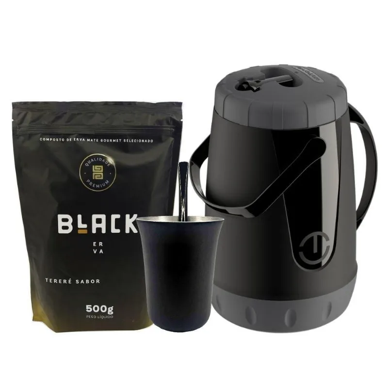 Kit Garrafa + Cuia Alumínio + Bomba Regulável + Erva Black