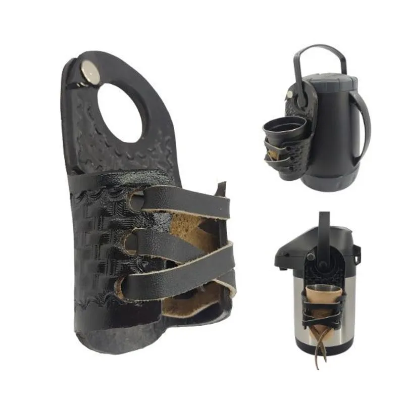 Porta Cuia Couro Com Fecho De Botão Para Alça De Garrafas