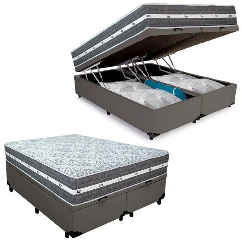 Cama Box Baú Casal Bipartido Sintético + Colchão Black Graphite Molas Ensacadas 138x188x64cm Cinza