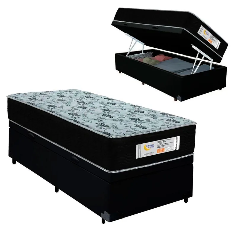 Cama Box com Baú Solteiro Sonnolux com Colchão Molas Ensacadas Sintético Preto Sereneprime