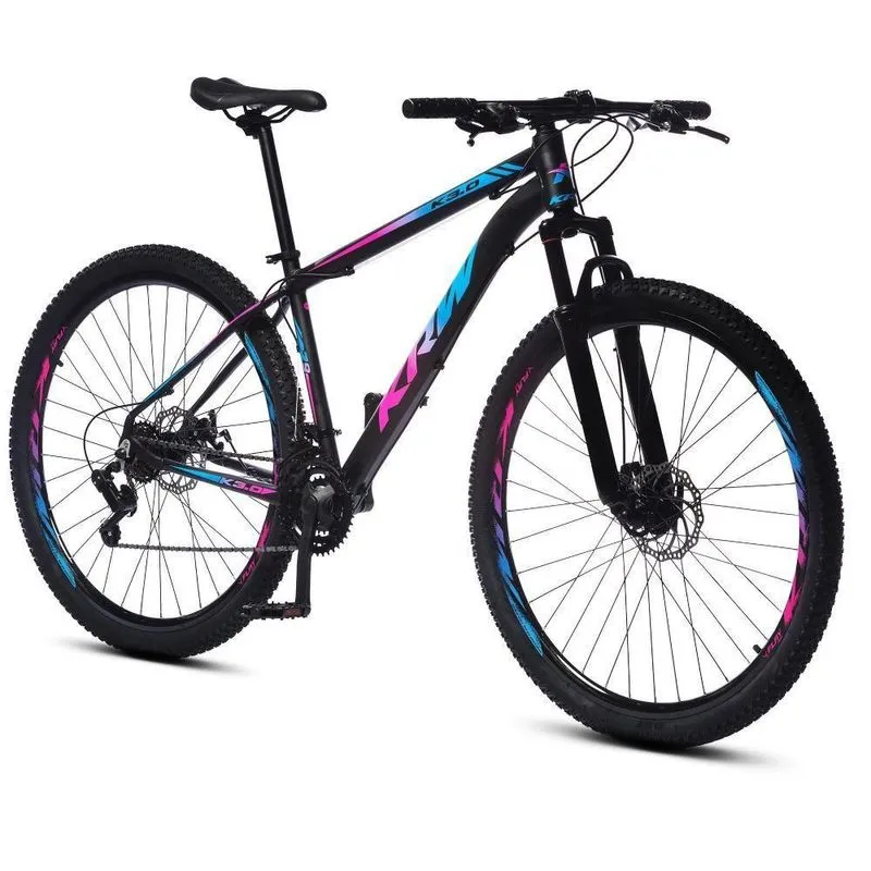 Bicicleta Aro 29 Krw Alumínio 24 Vel Freio A Disco X52 Cor: preto/rosa E Azul; Tamanho Quadro:17 Preto/rosa E Azul