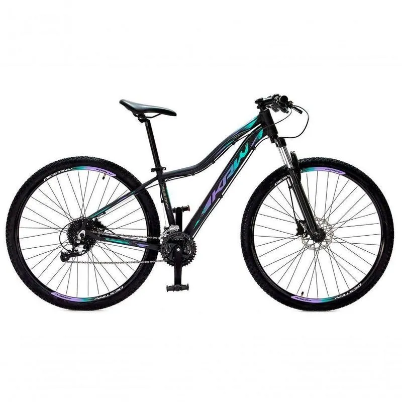 Bicicleta Aro 29 Krw Alumínio 27 Vel Freio Hidráulico Suspensão Com Trava S9 15.5 Preto-Lilás E Turquesa