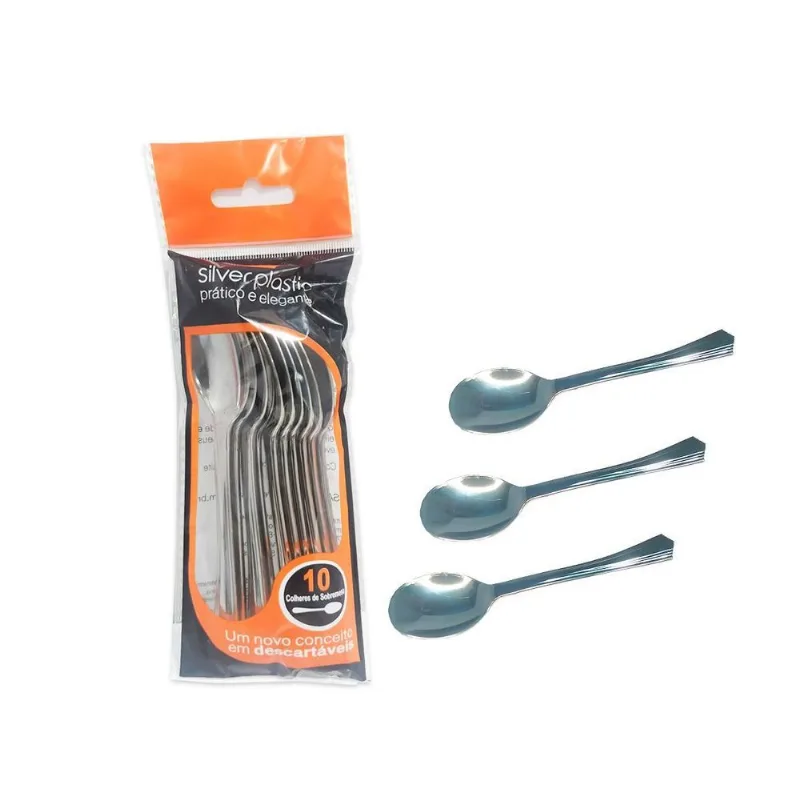 Kit 30 Un Colher De Sobremesa Descartável Linha Luxo Prata