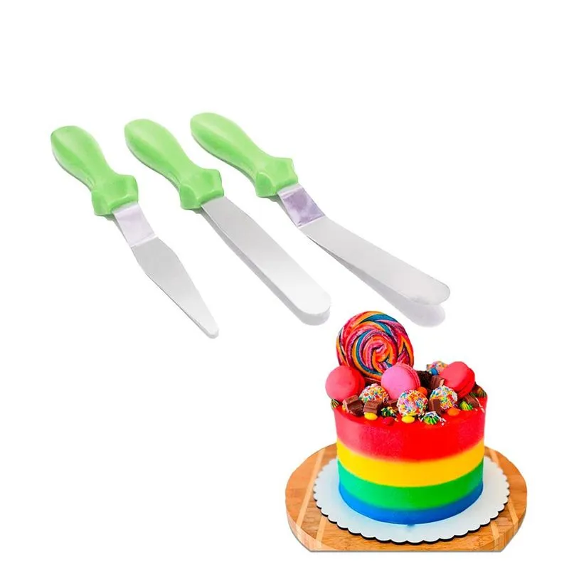 Kit Jogo De Espátulas Verde Inox 3 Peças Para Confeitaria