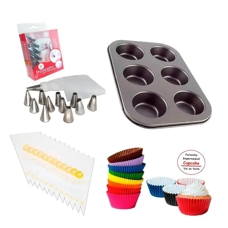 Kit Confeitaria Cupcakes Forma + Forminhas + Bicos + Saco M
