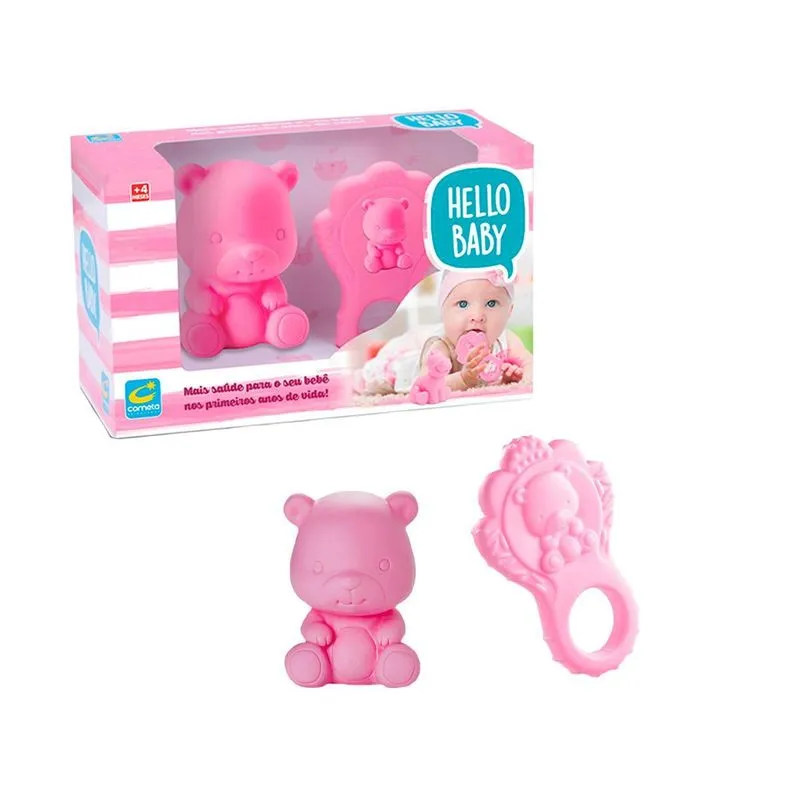 Mordedor Boneco Ursinho Infantil Hello Baby Rosa