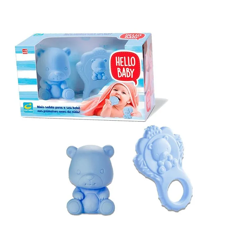 Brinquedo Ursinho E Mordedor Infantil Hello Baby Azul
