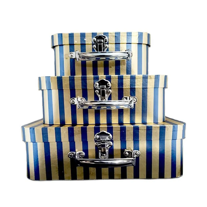 Kit De Maletas De Papel Listrado Dourado E Azul Marinho