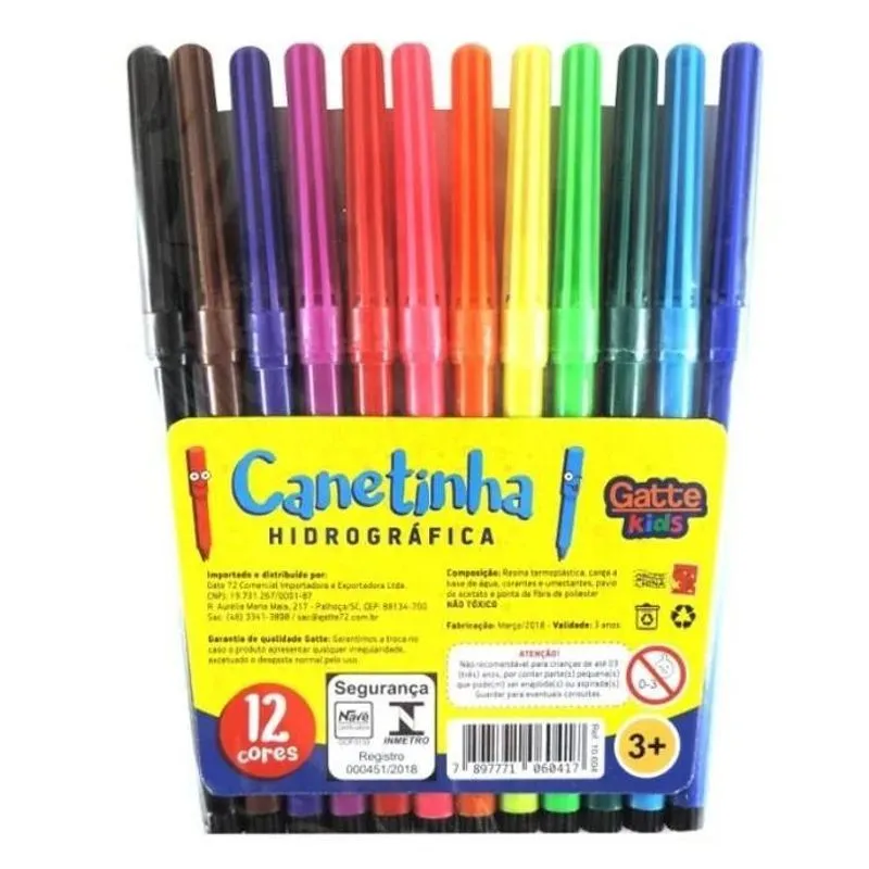 12 Canetinhas Hidrográficas Gatte Lavavel Infantil Escolar