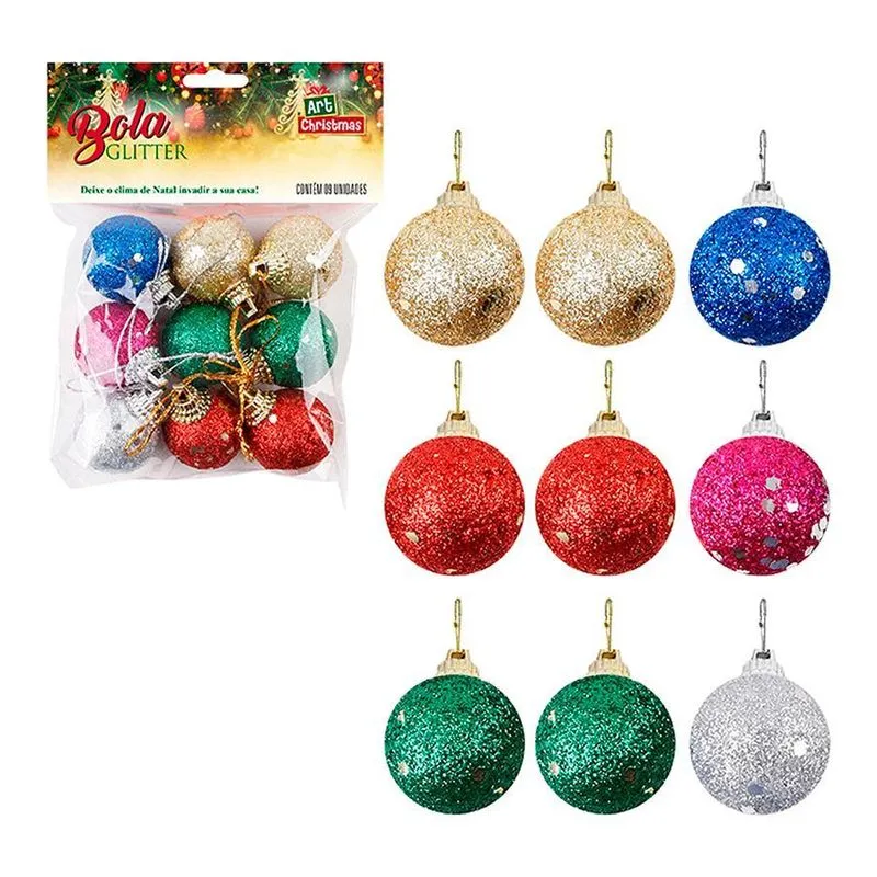 Enfeite Bola Glitter De Natal Coloridas 3cm 9un