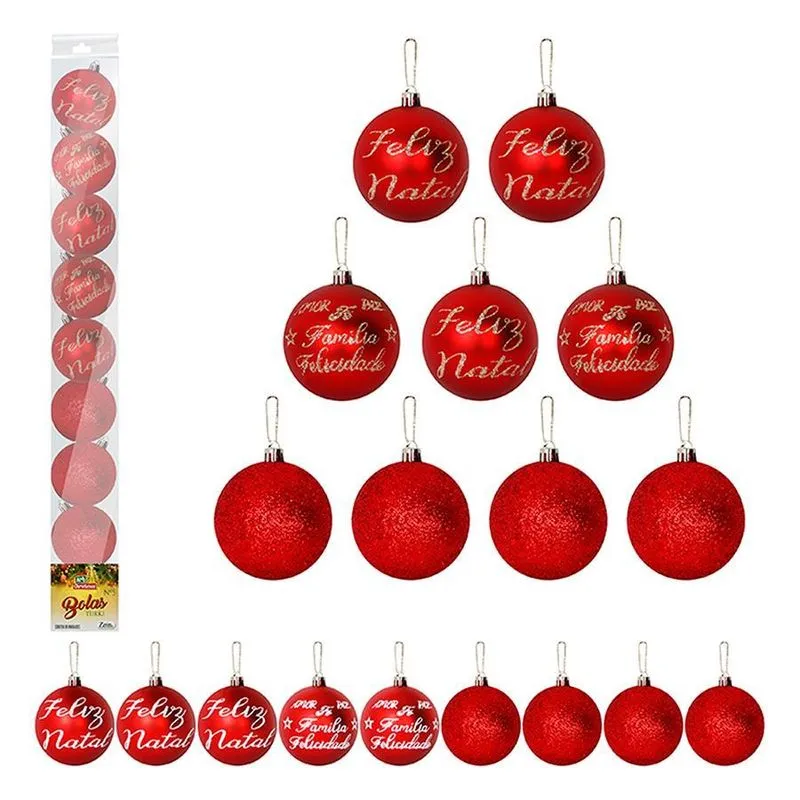 Enfeite Bolas Escrita Com Glitter De Natal Vermelho 5cm 9un