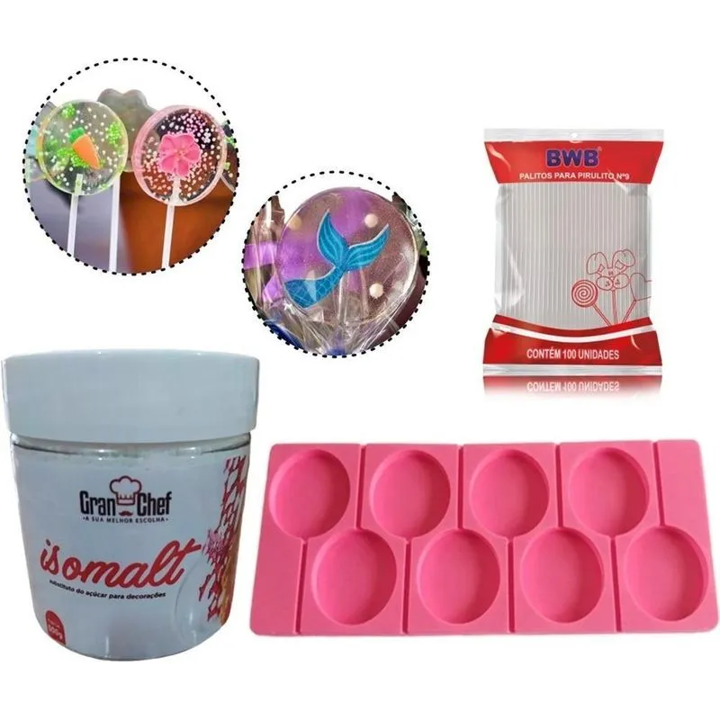 Kit Forma Pirulito Rosa + Isomalt 500g + 1 Palito 9cm