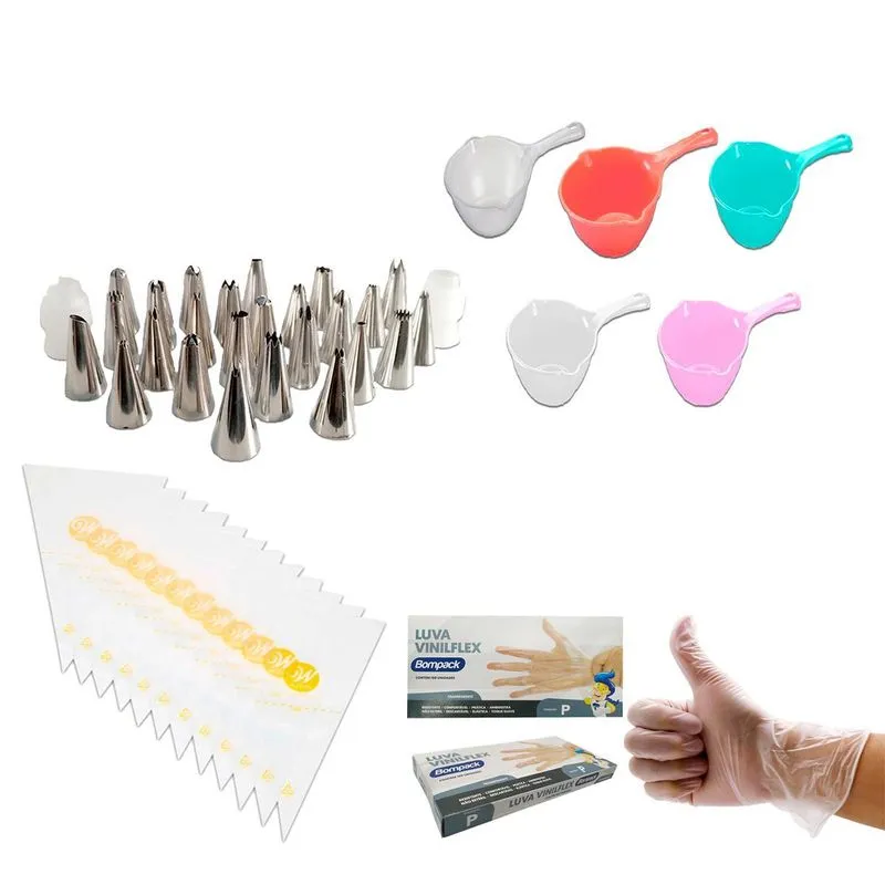 Kit Confeitaria Panelinha + Luva + Saco Wilton + 27 Bicos