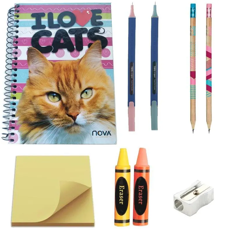 Kit Escolar Caderno I Love Cats 9 Peças Caneta Lápis Gato