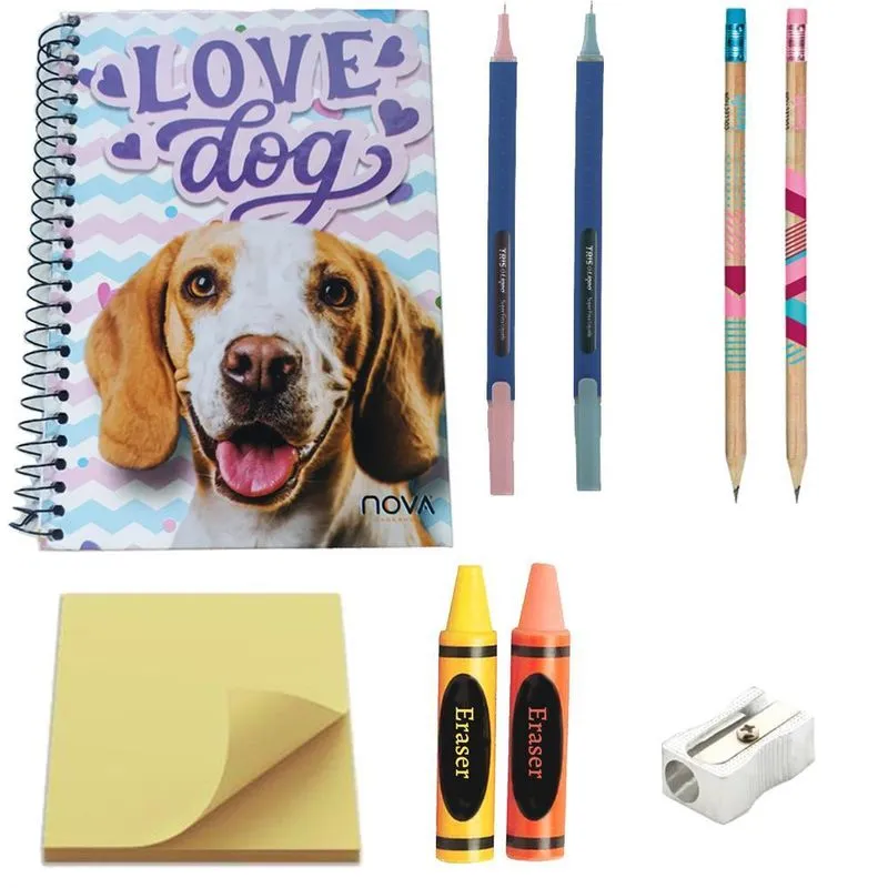 Kit Escolar I Love Dogs 9 Peças Caderno Caneta Lápis Gato