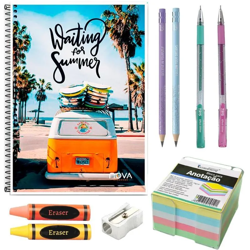 Kit Escolar 5 Com Caderno E Bloco 9 Peças