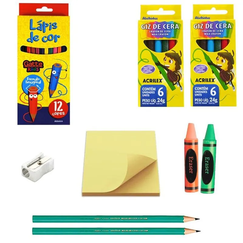 Kit Escolar Para Pintura Lápis De Cor Giz De Cera Borracha
