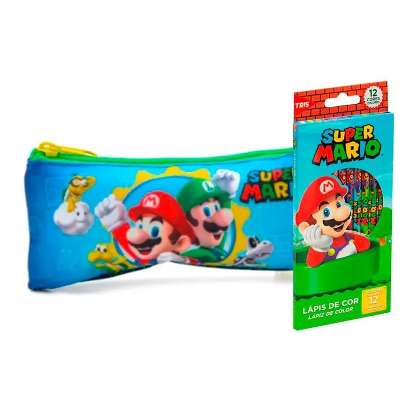 Estojo Super Mario Bros + Lápis De Cor 12 Cores Infantil