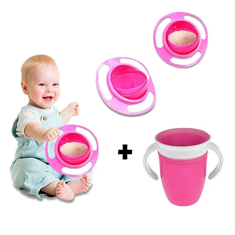 Prato Giratório + Copo Infantil 360 Não Derrama Rosa