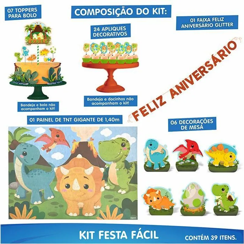 Kit Festa Fácil Dino Baby Aniversário 39 Pçs Decoração