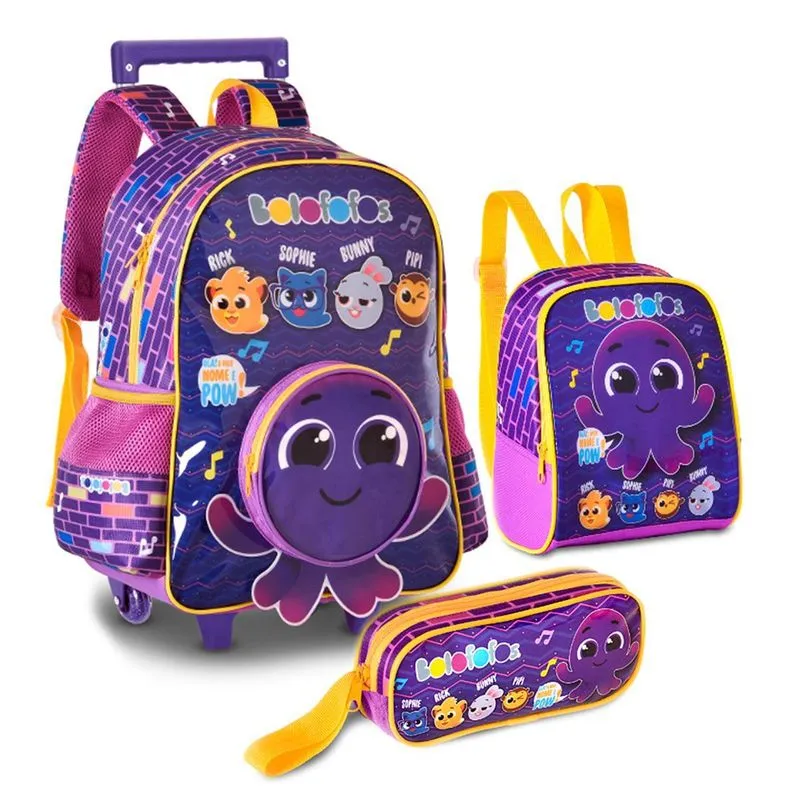 Kit Mochila Carrinho Lancheira Estojo Bolofofos Polvo Clio