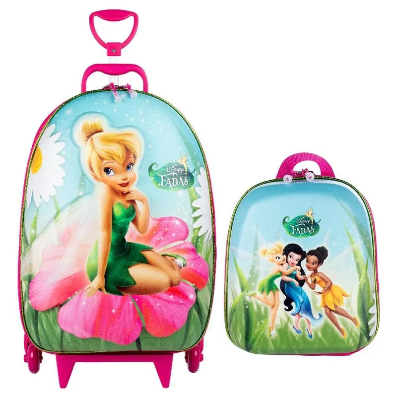 Mochila Sininho 3D De Rodinhas + Lancheira Fada Rosa