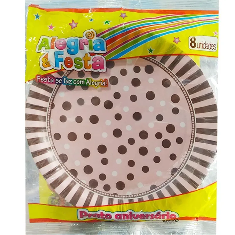 Prato Redondo Descartável Poa Rosa 17cm Com 8un