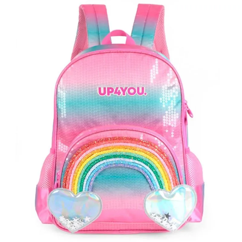 Mochila Arco-Íris Up4You Rosa Luxcel 3D Paetê Viagem Menina