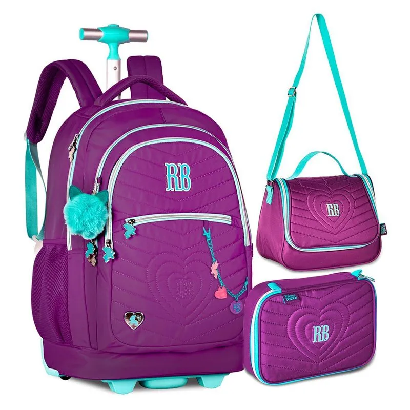 Kit Escolar Roxo - Mochila Rodinhas + Lancheira + Estojo