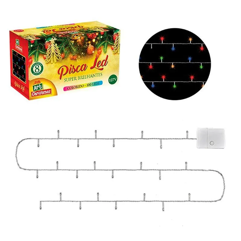 Pisca Pisca 100 Leds Colorido - Fio Branco - 8m