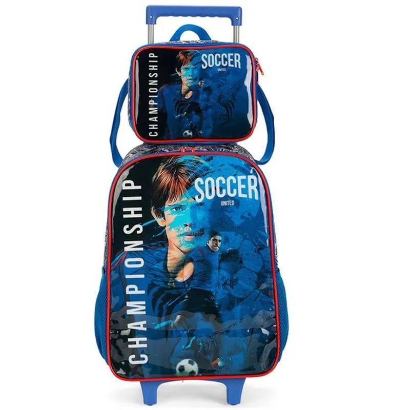 Mochila Rodinhas Futebol Azul - Luxcel + Lancheira
