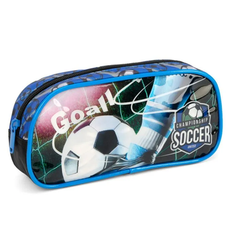 Estojo Escolar Futebol Gol Preto E Azul Luxcel - 23x10x6 Cm