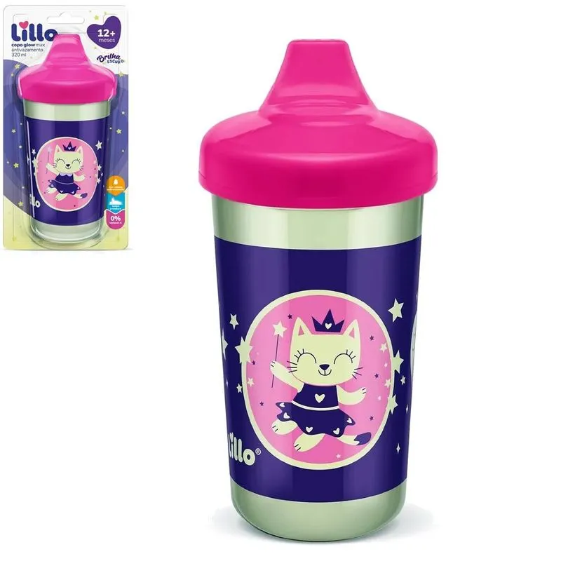 Copo Infantil Lillo Glow Max Brilha No Escuro 320ml Rosa 12+