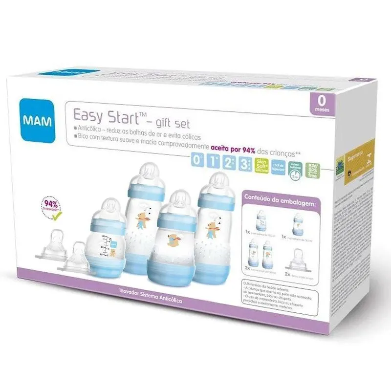 Kit 4 Mamadeira Mam + 2 Bicos Easy Start Gift Set 0+ Mes Azul