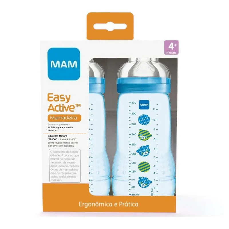 Kit 2 Mamadeiras Mam Easy Active 330ml 4+ Meses Azul Menino